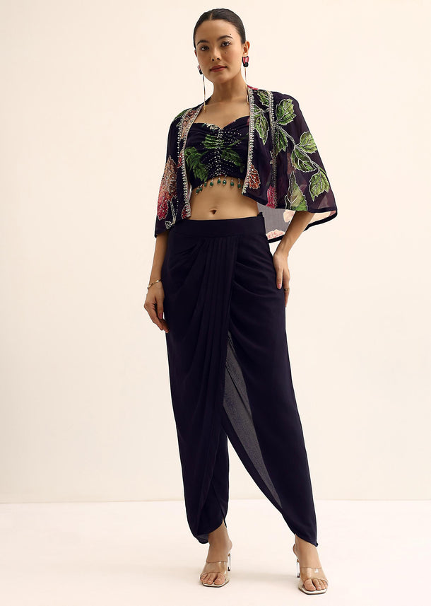 Blue Floral Crop Top And Dhoti Set