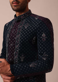 Blue Floral Embroidered Indowestern For Men