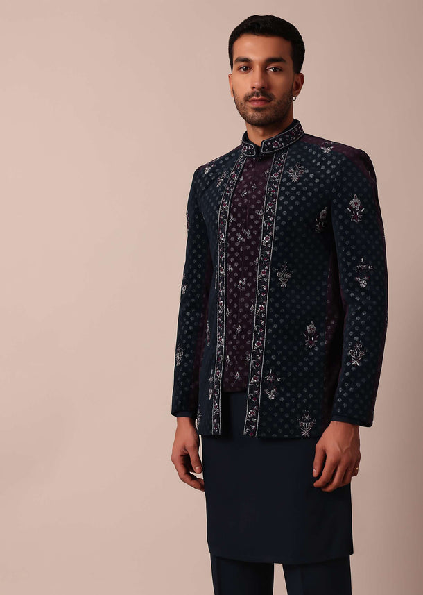 Blue Floral Embroidered Indowestern For Men