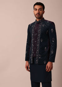 Blue Floral Embroidered Indowestern For Men