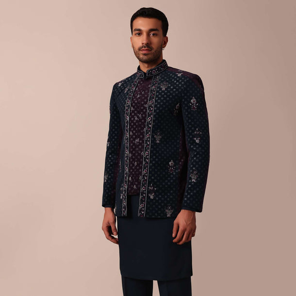 Blue Floral Embroidered Indowestern For Men