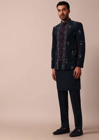 Blue Floral Embroidered Indowestern For Men