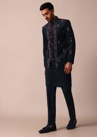 Blue Floral Embroidered Indowestern For Men