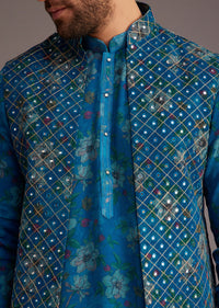 Blue Floral Kurta Set With Embroidered Sleeveless Jacket