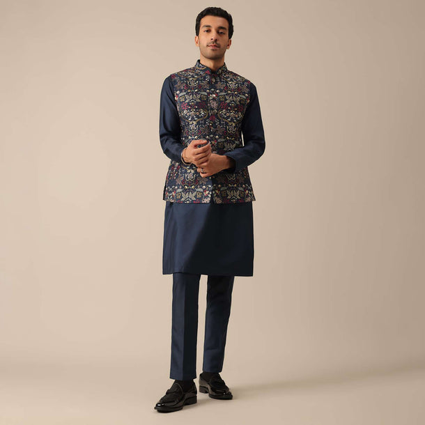 Blue Floral Motif Jacket And Kurta Set