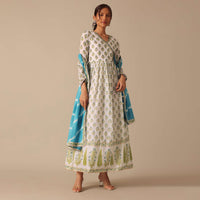 Blue Floral Print Angrakha Suit with Leheriya Dupatta