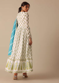 Blue Floral Print Angrakha Suit with Leheriya Dupatta
