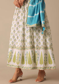 Blue Floral Print Angrakha Suit with Leheriya Dupatta