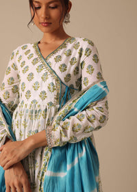 Blue Floral Print Angrakha Suit with Leheriya Dupatta