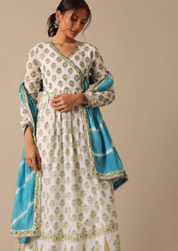 Blue Floral Print Angrakha Suit with Leheriya Dupatta