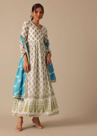 Blue Floral Print Angrakha Suit with Leheriya Dupatta