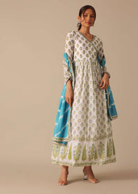 Blue Floral Print Angrakha Suit with Leheriya Dupatta