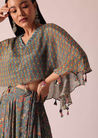 Blue Floral Print Crop Top And Lehenga Set