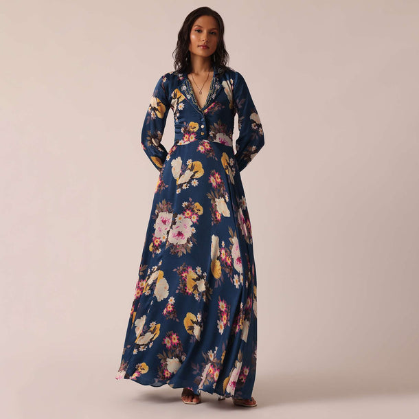 Blue Floral Print Gown With Sequin Work