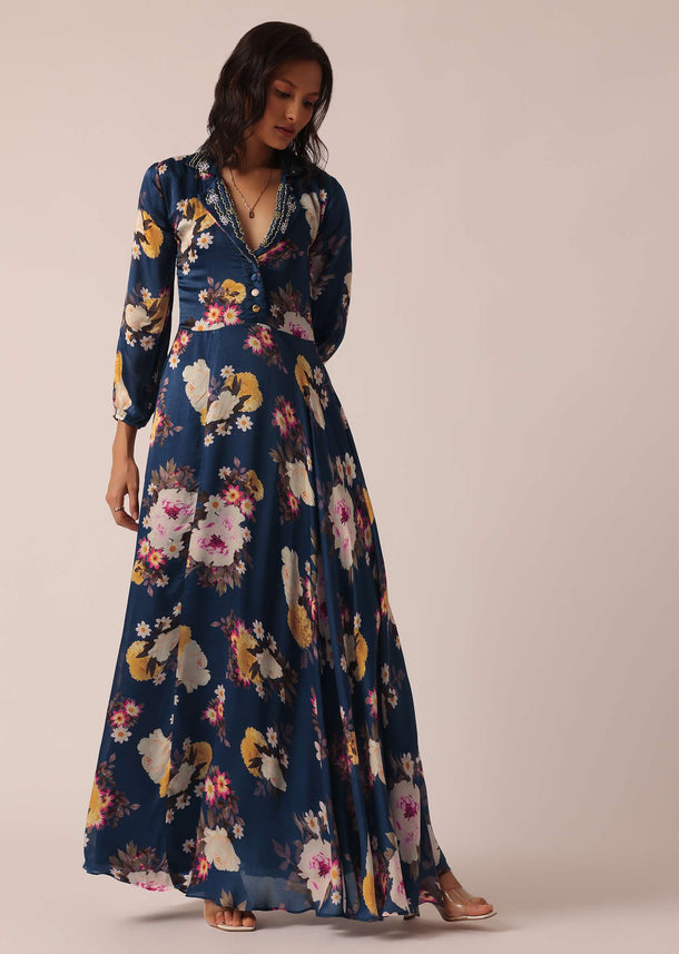 Blue Floral Print Gown With Sequin Work