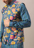 Blue Floral Print Jacket And Kurta Set In Silk