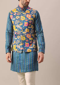 Blue Floral Print Jacket And Kurta Set In Silk