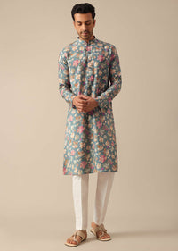 Blue Floral Print Kurta And Pant Set In Viscose Silk