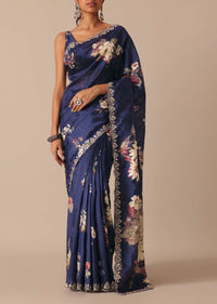 Blue Floral Print Tussar Silk Saree With Unstitched Blouse Piece