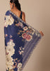 Blue Floral Print Tussar Silk Saree With Unstitched Blouse Piece