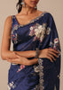 Blue Floral Print Tussar Silk Saree With Unstitched Blouse Piece