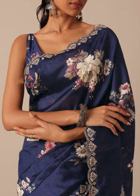 Blue Floral Print Tussar Silk Saree With Unstitched Blouse Piece