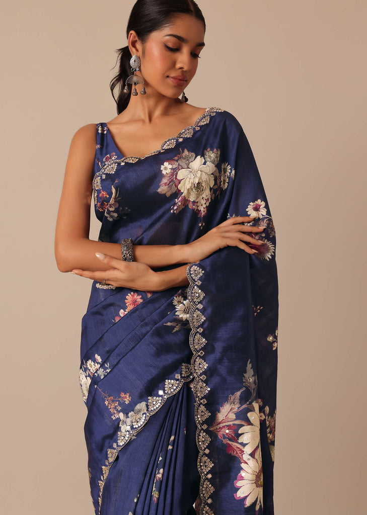 Blue Floral Print Tussar Silk Saree With Unstitched Blouse Piece