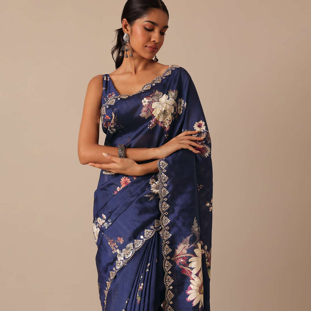 Blue Floral Print Tussar Silk Saree With Unstitched Blouse Piece