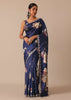 Blue Floral Print Tussar Silk Saree With Unstitched Blouse Piece
