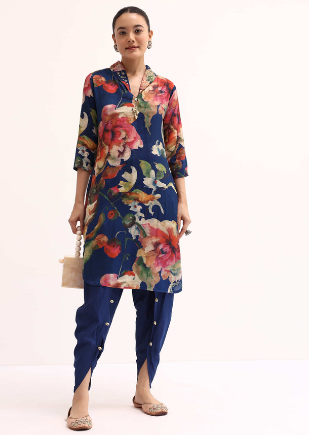 Blue Floral Printed Cotton Kurta Dhoti