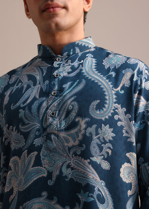 Blue Floral Printed Kurta For Men