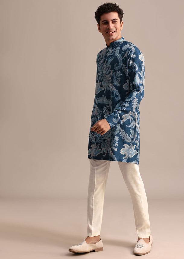 Blue Floral Printed Kurta For Men
