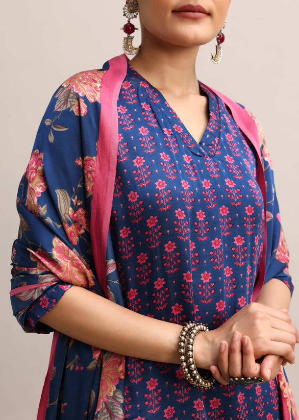 Blue Floral Printed Kurta Palazzo With Dupatta