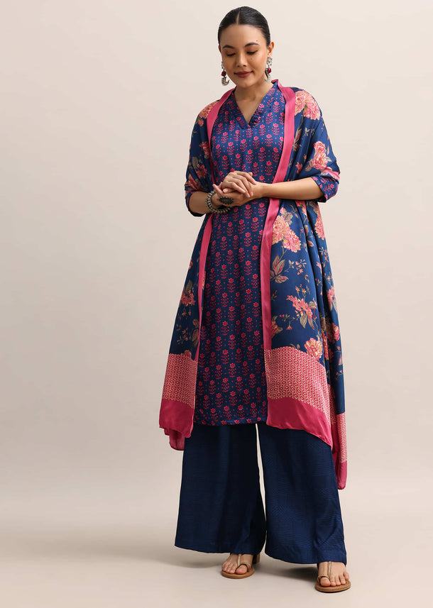 Blue Floral Printed Kurta Palazzo With Dupatta