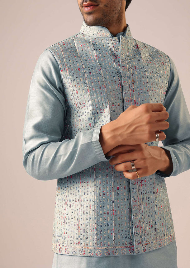 Blue Fusion Jacket Kurta Set with Cutwork