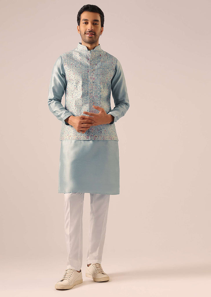 Blue Fusion Jacket Kurta Set with Cutwork