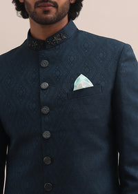 Blue Geometric Patterned Sherwani With Cutwork On Collar For Men