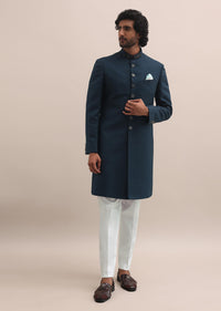 Blue Geometric Patterned Sherwani With Cutwork On Collar For Men