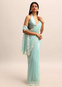 Blue Georgette Embroidered Pearl Saree With Unstitched Blouse