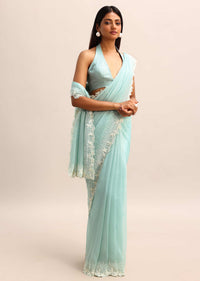 Blue Georgette Embroidered Pearl Saree With Unstitched Blouse