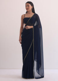 Blue Georgette Saree With Embroidered Scallop Border
