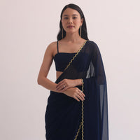 Blue Georgette Saree With Embroidered Scallop Border