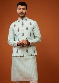 Powder Blue Motif Embroidered Bandi Jacket Set In Silk