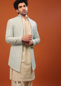 Powder Blue Thread And Mirror Embroidered Sherwani Set In Tussar Silk