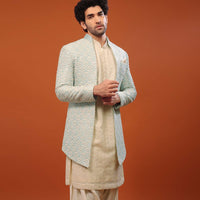 Powder Blue Thread And Mirror Embroidered Sherwani Set In Tussar Silk