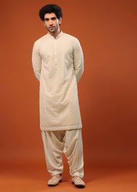 Powder Blue Thread And Mirror Embroidered Sherwani Set In Tussar Silk
