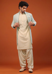 Powder Blue Thread And Mirror Embroidered Sherwani Set In Tussar Silk