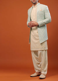 Powder Blue Thread And Mirror Embroidered Sherwani Set In Tussar Silk