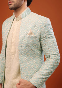 Powder Blue Thread And Mirror Embroidered Sherwani Set In Tussar Silk