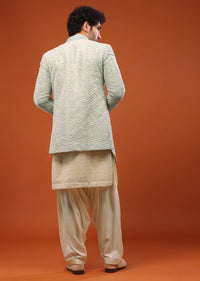 Powder Blue Thread And Mirror Embroidered Sherwani Set In Tussar Silk
